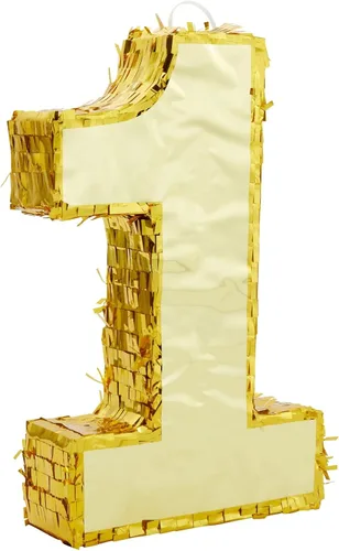 Piñata número 1 de lámina dorada, juego de fiesta y piñata de cumpleaños, decoraciones de primer cumpleaños, color dorado, 10 x 16 x 3 pulgadas