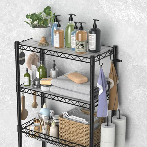Miniatura 5 de Hodonas Estante de almacenamiento sobre el inodoro, organizador de baño ajustable con soporte para papel higiénico y 8 ganchos, 3 niveles de metal