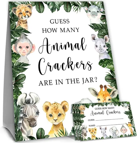 Yuzioey Safari How Many Animal Crackers Guessing, Jungle Animals Guessing, tarjetas de juego de adivinaciones, 50 tarjetas y letrero a juego, juego