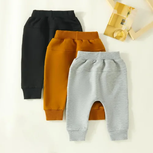 Miniatura 3 de Pantalones de otoño para bebé, paquete de 3 unidades, pantalones deportivos casuales de color sólido, con bolsillo y cintura elástica, pantalones