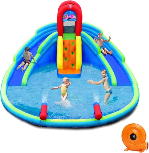 HONEY JOY Toboganes acuáticos inflables, casa de rebote para niños con toboganes largos, pared de escalada y piscina grande para salpicaduras,