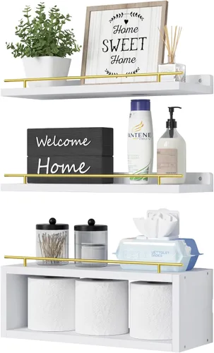 Miniatura 10 de WOPITUES Estantes flotantes para pared con estante de cubo, estantes de pared con riel de metal para decoración de baño, organizadores