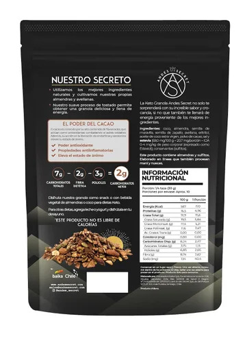 Miniatura 2 de Andes Secret Granola de cacao - Almendras, avellanas - Granola keto alta en proteínas sin azúcar, granos y gluten - 11 oz (1 paquete)