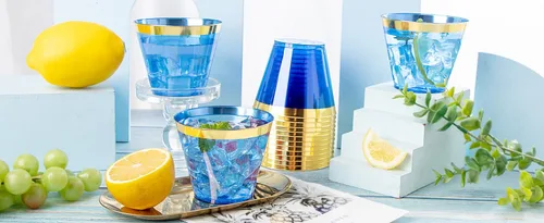 Miniatura 8 de Nervure 240 vasos de plástico azules – Vasos de plástico con borde dorado de 9 onzas – Taza azul desechable resistente con borde dorado perfecto