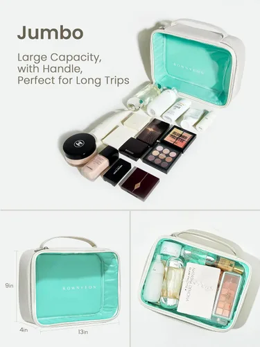 Miniatura 5 de ROWNYEON Juego organizador de cosméticos de alta calidad, bolsas de almacenamiento de PVC transparente y piel sintética con forro azul en tono joya