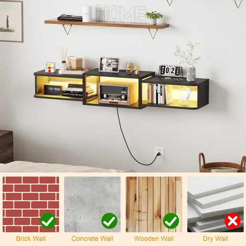 Miniatura 6 de Qupui Soporte flotante para TV montado en pared de 47.2 pulgadas con iluminación LED, moderno estante de consola multimedia de madera con puertos
