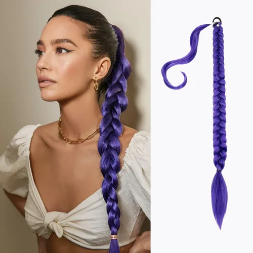 Mebeli Extensión de Cola de Caballo Trenzada Púrpura con Lazo Elástico, Extensión de Cola de Caballo Trenzada Púrpura de 20 Pulgadas, Extensión de
