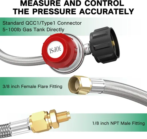 Miniatura 2 de Regulador de propano ajustable de alta presión de 4 pies 0-30 PSI, regulador de 30 psi, manguera de propano trenzada de acero inoxidable QCC1/Tipo 1