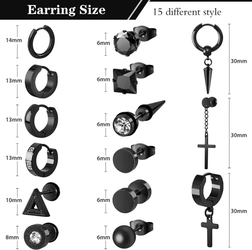 Miniatura 2 de Juego de 15 pares de aretes para hombre, de acero inoxidable, hipoalergénicos, con cruz, aretes de aro colgantes de moda, joyería de regalo
