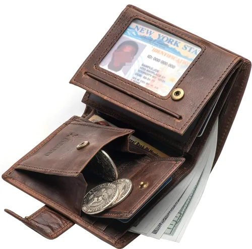 Miniatura 4 de Tarjetero grande de cuero genuino RFID con cierre a presión, 3 ventanas de identificación para hombres, Classic