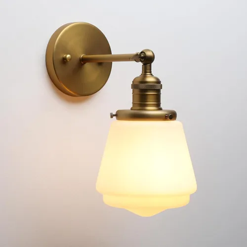 Lámpara de pared vintage de 1 luz con pantalla de vidrio blanco leche, lámpara de pared industrial para sala de estar, dormitorio, baño, sobre Latón