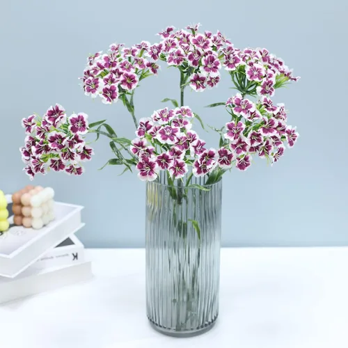 Miniatura 5 de Htmeing 5 flores artificiales de seda de Dianthus con tallo para arreglos de boda, centro de mesa, fiesta, decoración del hogar y cocina (morado)