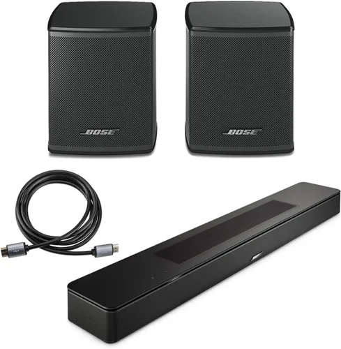 Bose Barra de sonido inteligente, color negro, paquete con 2 altavoces envolventes inalámbricos, cable HDMI 2.0 de 6 pies