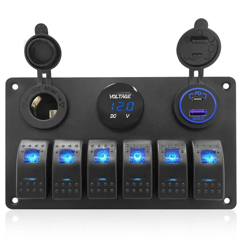 Miniatura 10 de Panel de interruptor basculante marino de aluminio de 6 bandas, impermeable, para disyuntor de barco protegido, pantalla de voltaje digital, puerto