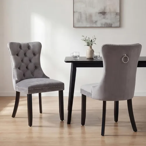Miniatura 83 de OVENTA Juego de 4 sillas de comedor modernas tapizadas copetudas, terciopelo negro y gris y cuero con patas de madera maciza, sillas de cocina