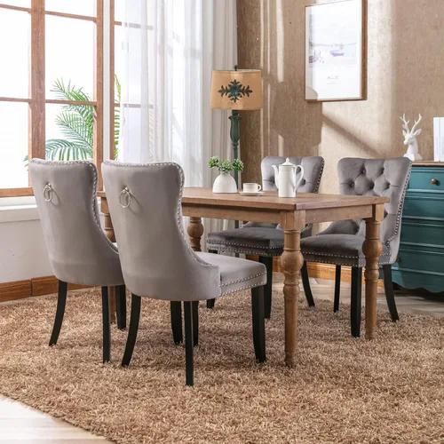 Miniatura 9 de Juego de 4 sillas de cocina modernas de terciopelo gris con anillo trasero, con patas de clavo, patas de madera maciza, tapizadas, sillas de mesa