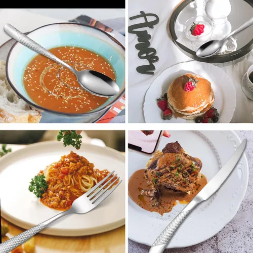 Miniatura 2 de Modern Silverware - Juego de cubiertos martillados de acero inoxidable de 20 piezas para 4 personas, incluye tenedores, cucharas, cuchillos, plateado