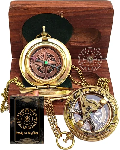 Reloj de sol hecho a mano con botón de dirección con cadena y caja de madera, reloj de sol de bolsillo de brújula de latón, regalo de bautismo,