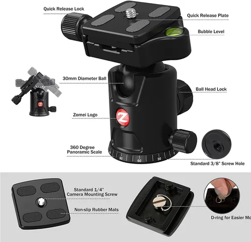 Miniatura 8 de Zomei Trípode de cámara portátil de magnesio monopod de aluminio de 4 secciones superior trípode profesional con cabezal de bola placa de liberación