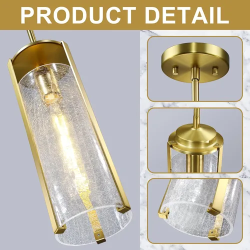 Miniatura 4 de Untrammelife Lámpara colgante moderna dorada, lámpara colgante de cristal agrietado de 14 pulgadas de alto, 1 lámpara de techo de latón cepillado