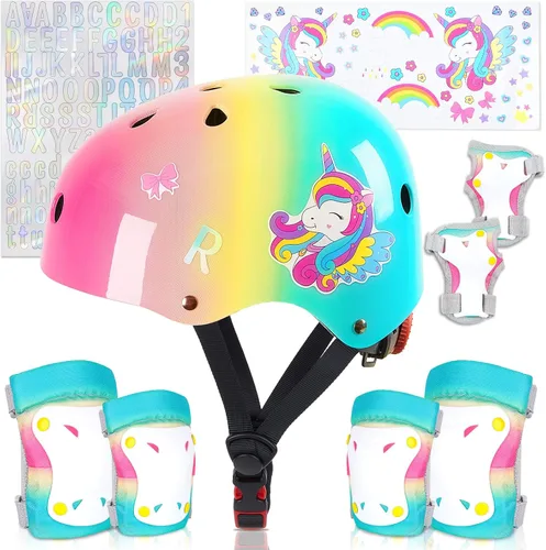 Miniatura 9 de Casco para niños, casco de bicicleta para niños pequeños con pegatinas DIY Unicornio, rodilleras y coderas ajustables, juego de protección para Rosa