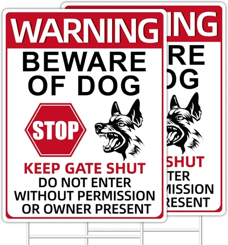Señales de cuidado con el perro, paquete de 2 carteles de 33x25 cm doble cara, plástico corrugado, estacas de metal en H, señales de perro para el