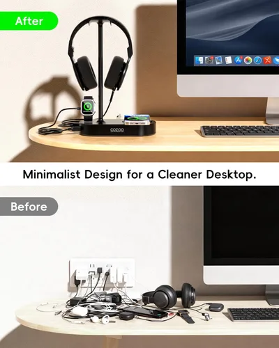 Miniatura 5 de COZOO Soporte para auriculares con almohadilla de carga inalámbrica rápida y 2 puertos de carga USB, adecuado para juegos, DJ, accesorios