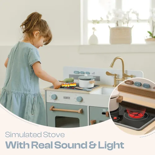 Miniatura 2 de ROBOTIME Juego de cocina para niños pequeños, juego de cocina de madera para niños con luces y sonidos reales, dispensador de cubitos de hielo, Azul