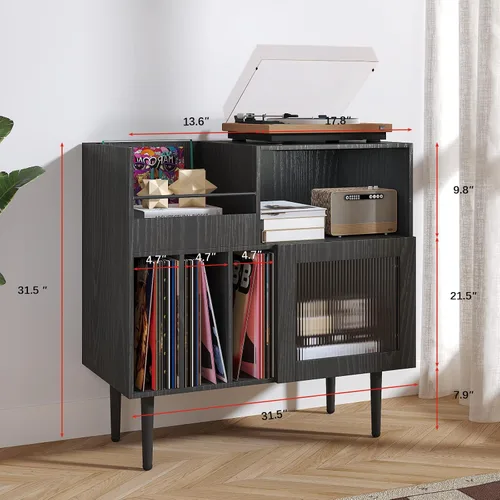 Miniatura 2 de HedoAjim Soporte grande para tocadiscos con almacenamiento de vinilo, soporte para tocadiscos con puerta acrílica, mesa auxiliar para tocadiscos