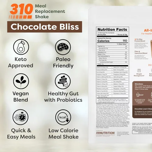 Miniatura 2 de 310 Nutrition Batido en polvo todo en uno de reemplazo de comidas, mezcla de batidos de proteínas a base de plantas con alta fibra, probióticos