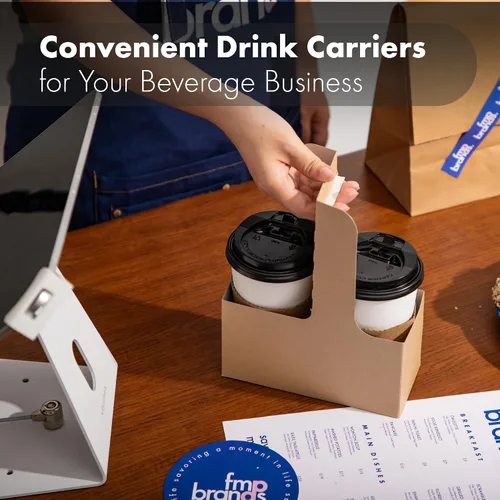 Miniatura 7 de FMP Brands Portabebidas desechable de 2 tazas con asa, paquete de 250 portadores de bebidas con mango de cartón kraft de 8 a 32 onzas, soporte