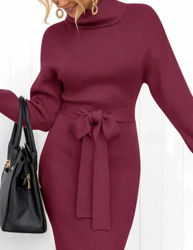 Miniatura 56 de ZESICA - Vestido por debajo de la rodilla de suéter, de cuello alto, para mujer, de manga larga, de punto acanalado, con abertura y cinturón