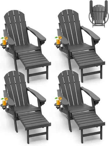 Miniatura 13 de GREENVINES Sillas Adirondack con Otomano Juego de 2 Grano de Madera Plegable Reposapiés Retráctil Plástico HDPE Silla para Hoguera Todo