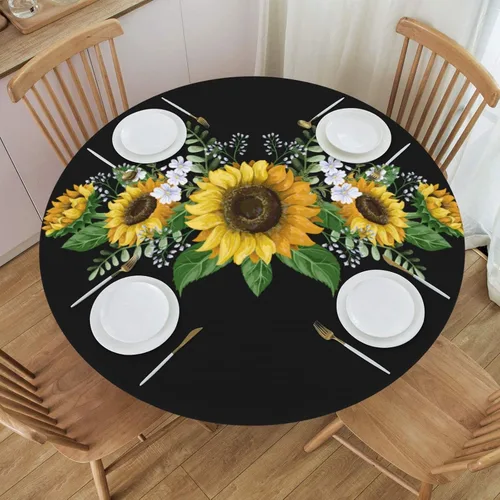 Miniatura 25 de Fiokroo Mantel de Flores de Crisantemo Azul, Amarillo y Azul Marino con Borde Elástico, Mantel Redondo Lavable y Reutilizable Cubierta de Mesa