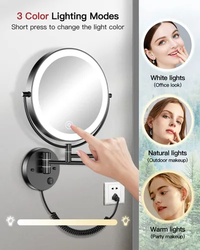 Miniatura 4 de Gospire Espejo de Aumento Iluminado de Pared de 9", Aumento 1X/10X Espejo de Baño LED de Doble Cara, 3 Luces de Color y Atenuación Sin Escalones