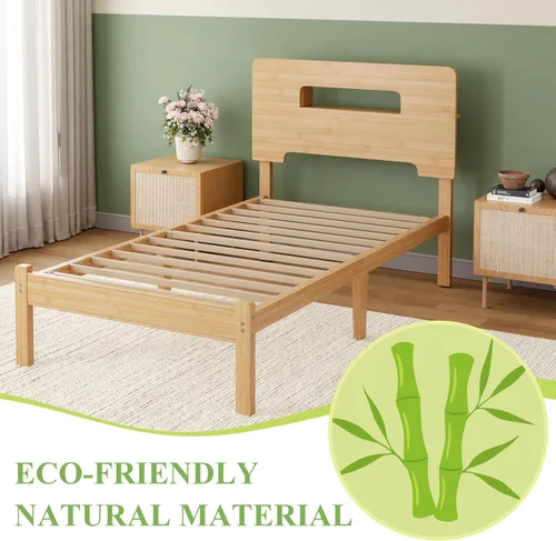 Miniatura 4 de ZIYOO Marco de cama de madera de bambú maciza tamaño individual con cabecera de almacenamiento, marco de cama plataforma de 14 pulgadas