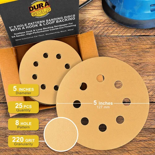 Miniatura 2 de Dura-Gold Discos de papel de lija premium de grano 220 de 5 pulgadas, patrón de 8 agujeros, sin polvo, 50 discos, soporte de gancho y bucle