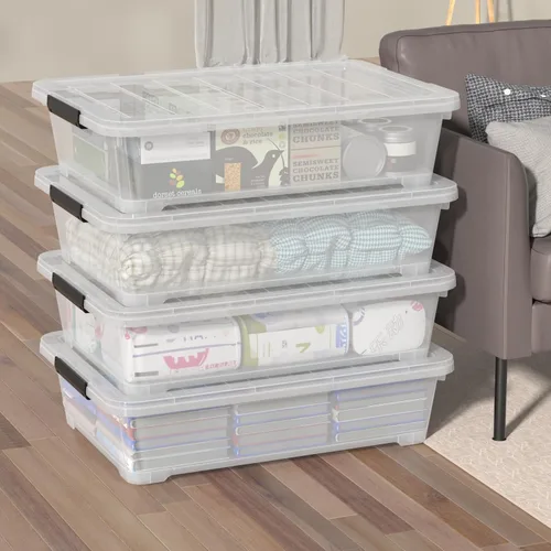 Miniatura 4 de Hespama Contenedor de plástico de 40 cuartos de galón con ruedas, 4 paquetes de caja de almacenamiento grande con pestillo, transparente Large