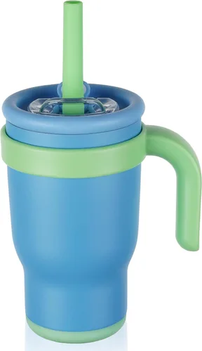 Miniatura 11 de Taza de 14 onzas para niños pequeños con aislamiento al vacío de acero inoxidable con asa, taza a prueba de derrames, pajita a prueba de fugas, taza