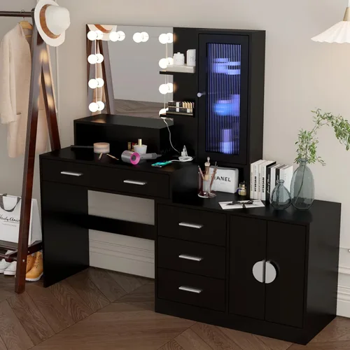 Miniatura 4 de Escritorio de maquillaje con espejo y luz, espejo de tocador con estación de carga para dormitorio, mesa de maquillaje con estantes