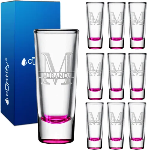 Miniatura 99 de Vaso de chupito personalizado con fondo verde azulado personalizado de 2 oz, vasos de chupito cordial con inicial en script dividido y nombre