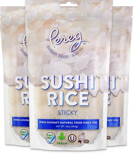 Pereg Arroz natural para sushi de 16 onzas, paquete de 3 unidades (total de 3 libras) – Grano corto adhesivo blanco – Vegano, sin OMG, fabricado en