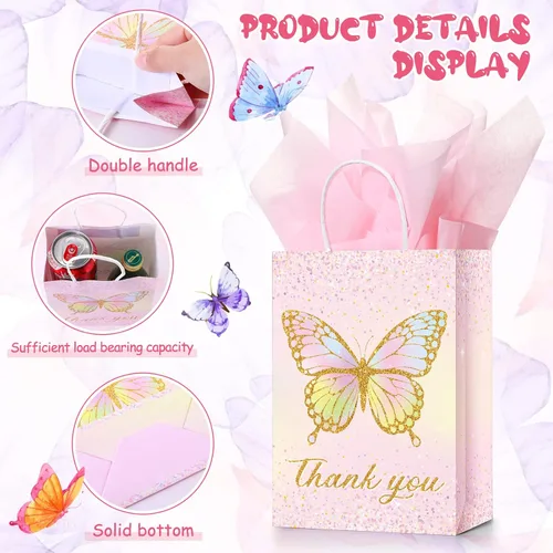 Miniatura 5 de Leinuosen 16 juegos de bolsas de regalo de mariposa para fiestas, bolsas de regalo de mariposa con papel de seda, bolsas de regalo florales rosas