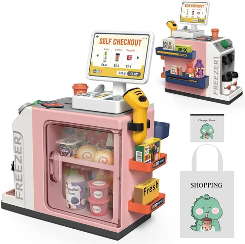 Juego de caja registradora para niños – 48 piezas con cafetera de juguete, dinero de simulación, calculadora, escáner, tarjeta de crédito y comida