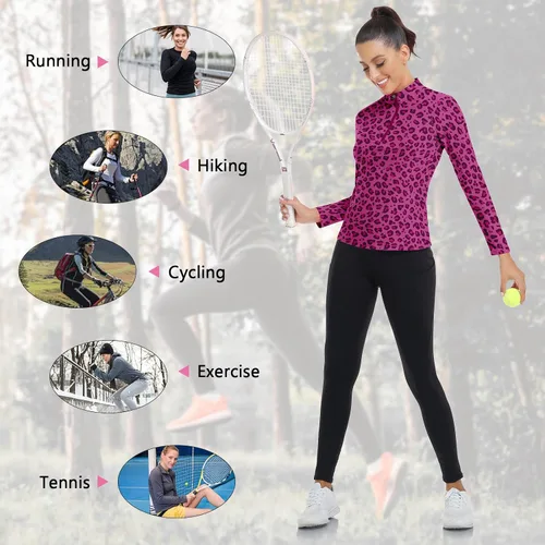 Miniatura 110 de WOWENY Camiseta deportiva de manga larga para mujer, con cremallera de un cuarto, cuello para entrenamiento, camiseta de tenis con estampado