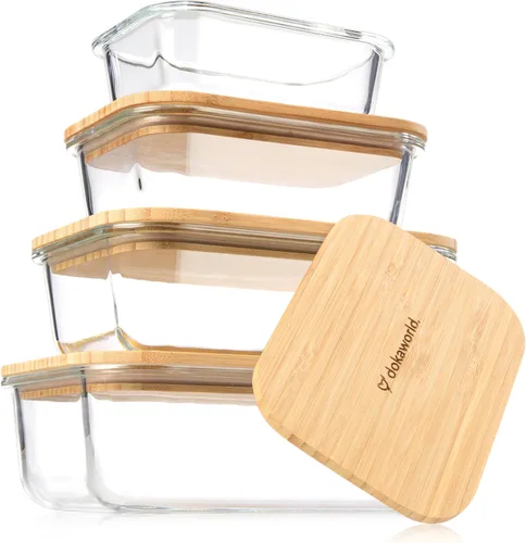Juego de 4 recipientes de vidrio apilables que ahorran espacio con tapas herméticas de bambú, para almuerzo, comidas y preparación de alimentos,