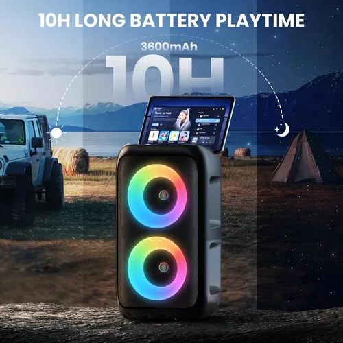 Miniatura 4 de Altavoz Bluetooth con 2 micrófonos inalámbricos recargables, altavoz portátil para fiesta con luces de colores, altavoces de pie compatibles