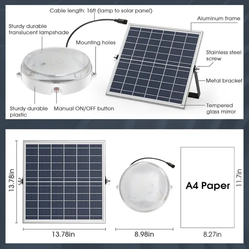 Miniatura 7 de Luces solares de techo para interiores y exteriores, paquete de 2 unidades, regulables, 3000 K, 4000 K, 6000 K, luces solares con interruptor