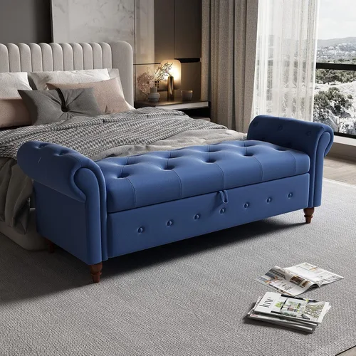 Miniatura 6 de Polibi Banco de almacenamiento para dormitorio, otomana tapizada de terciopelo con diseño de botones armados enrollados, banco largo para ventana