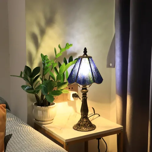 Miniatura 9 de Small Tiffany Table Lamp Grass Green Rippled Stained Glass Desk Lamps 6X6X14 Inch Bronze Resin Base Antique Mini Accent Light